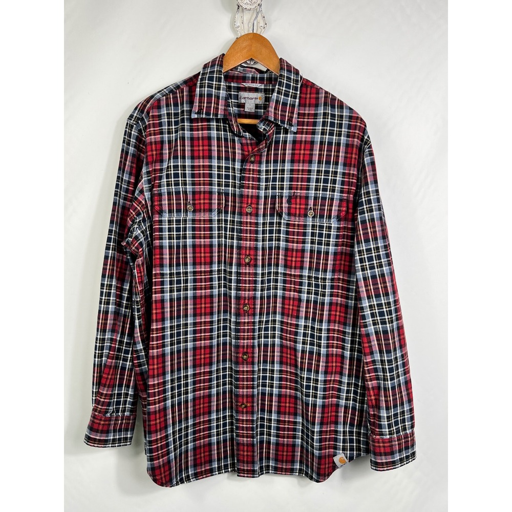 Carhartt Mens Plaid Button Down Shirt Long Sleeve Red Black White XL Relaxed Fit